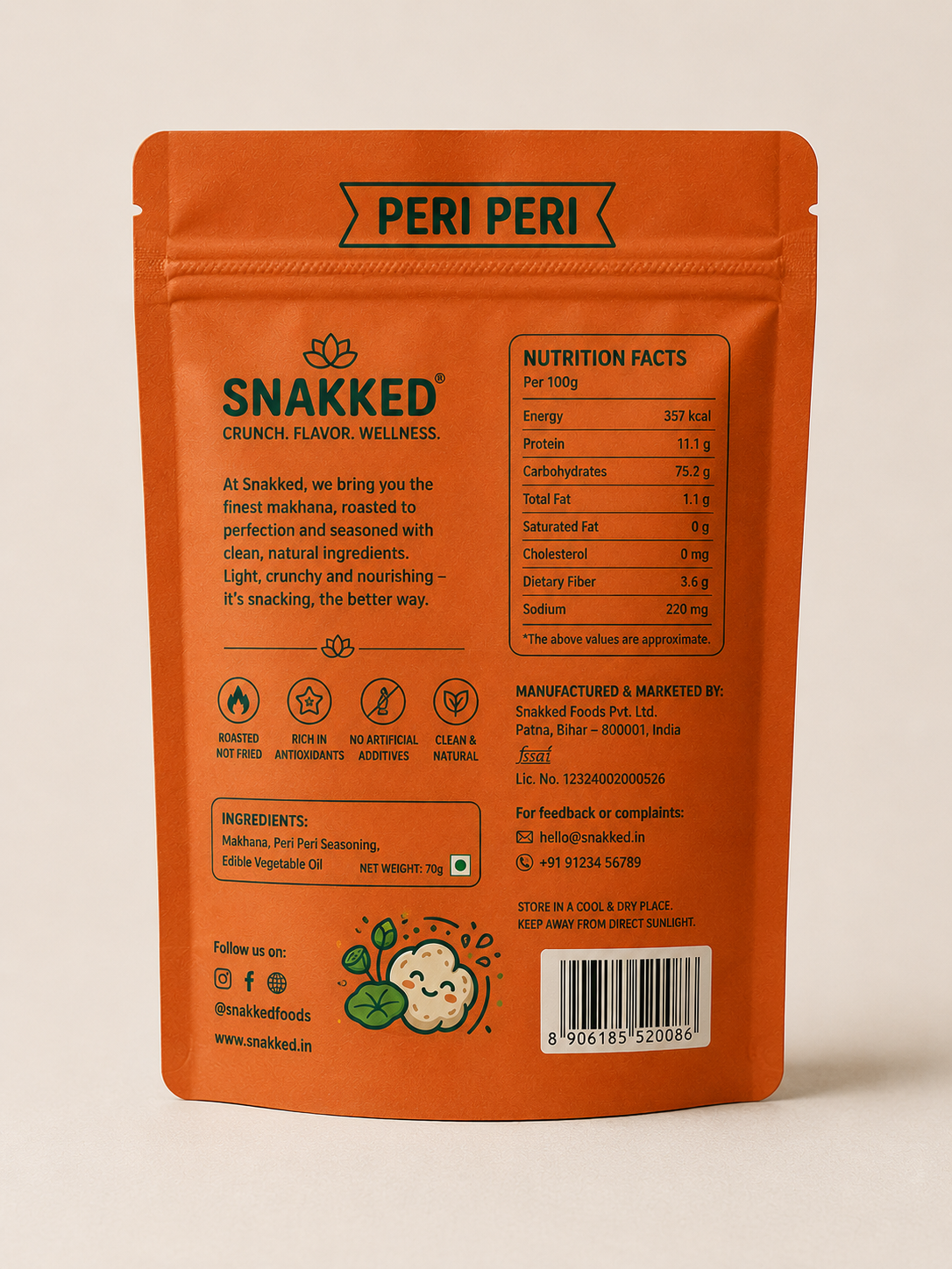 Snakked Peri Peri Roasted Makhana | Healthy Crunchy Fox Nuts | 80g